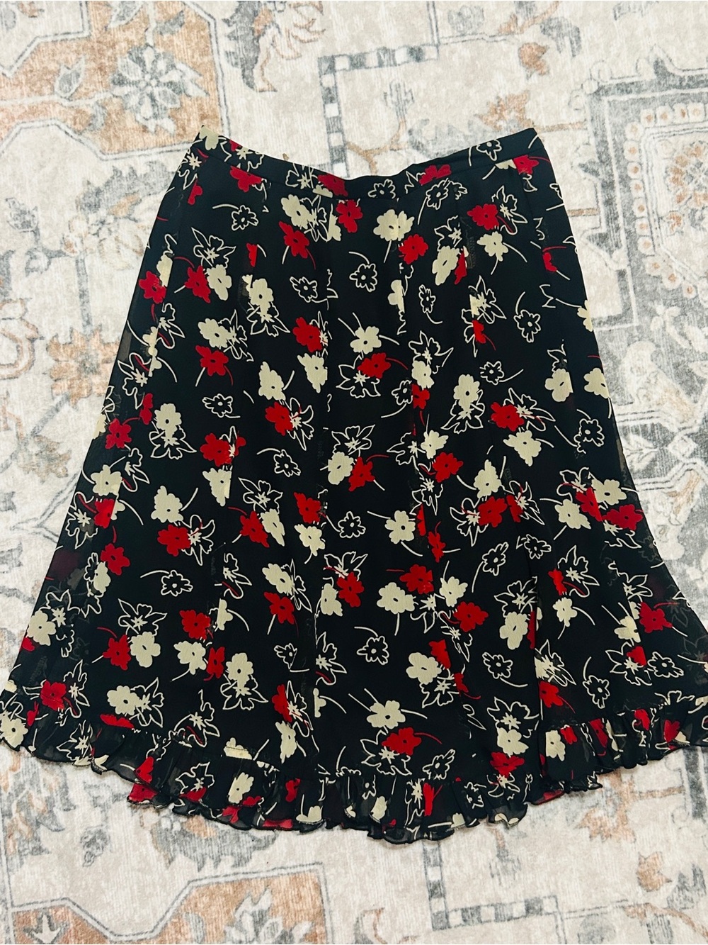 Black Floral Midi Skirt with Red & Cream Flowers